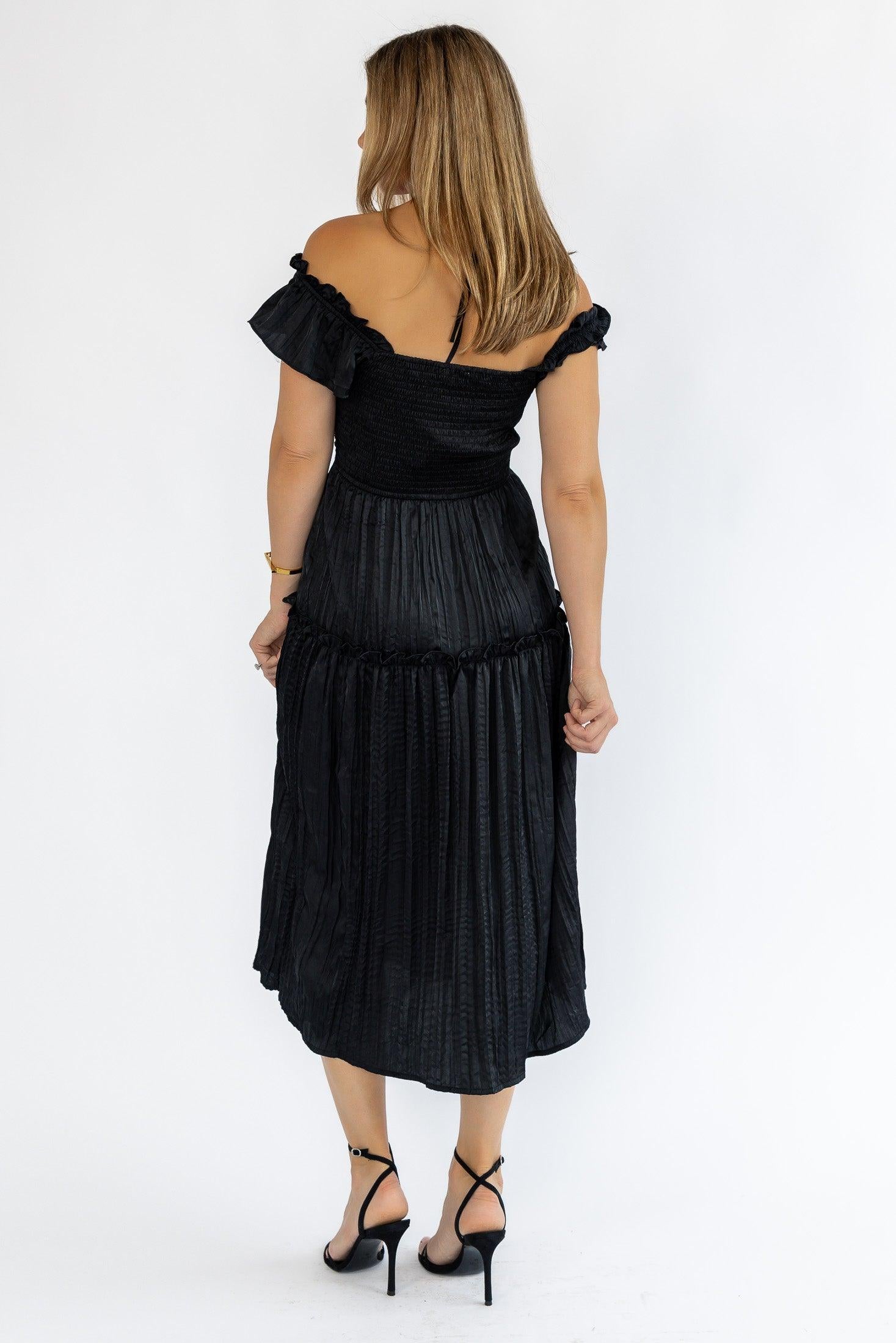 Ruche Me Right Black Midi Dress