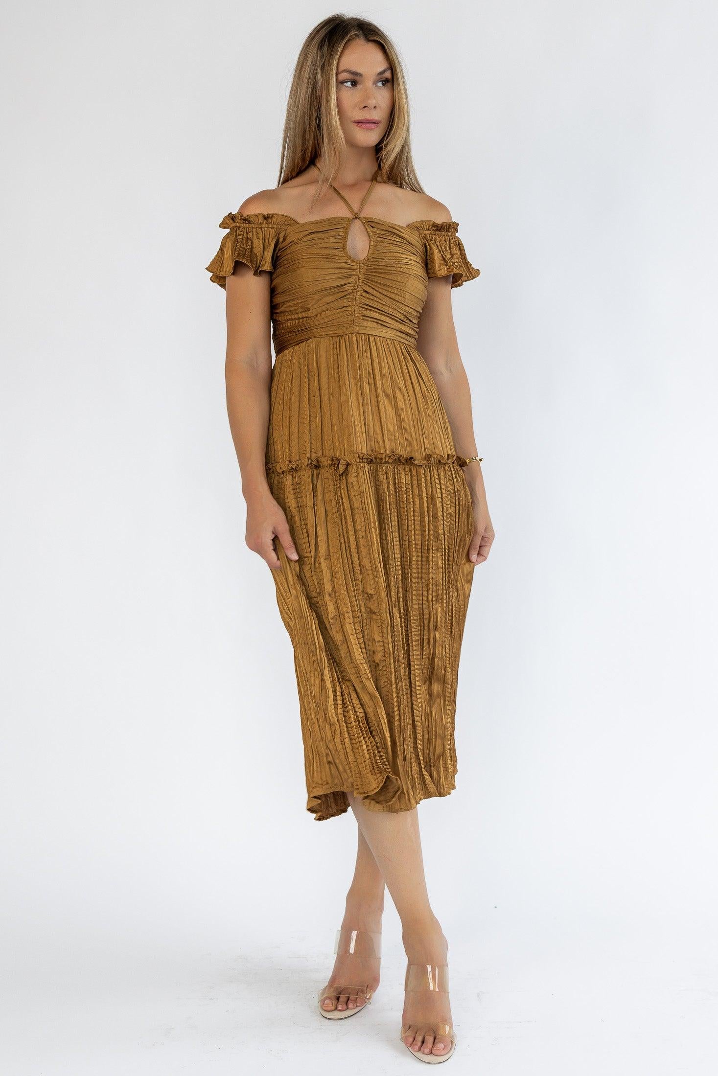 Ruche Me Right Golden Midi Dress