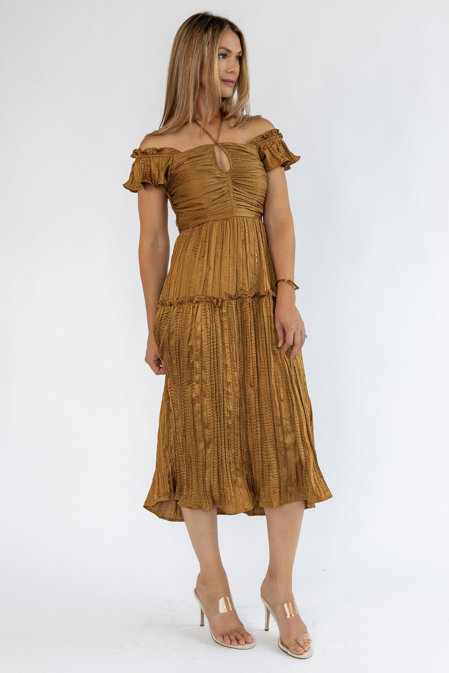 Ruche Me Right Golden Midi Dress