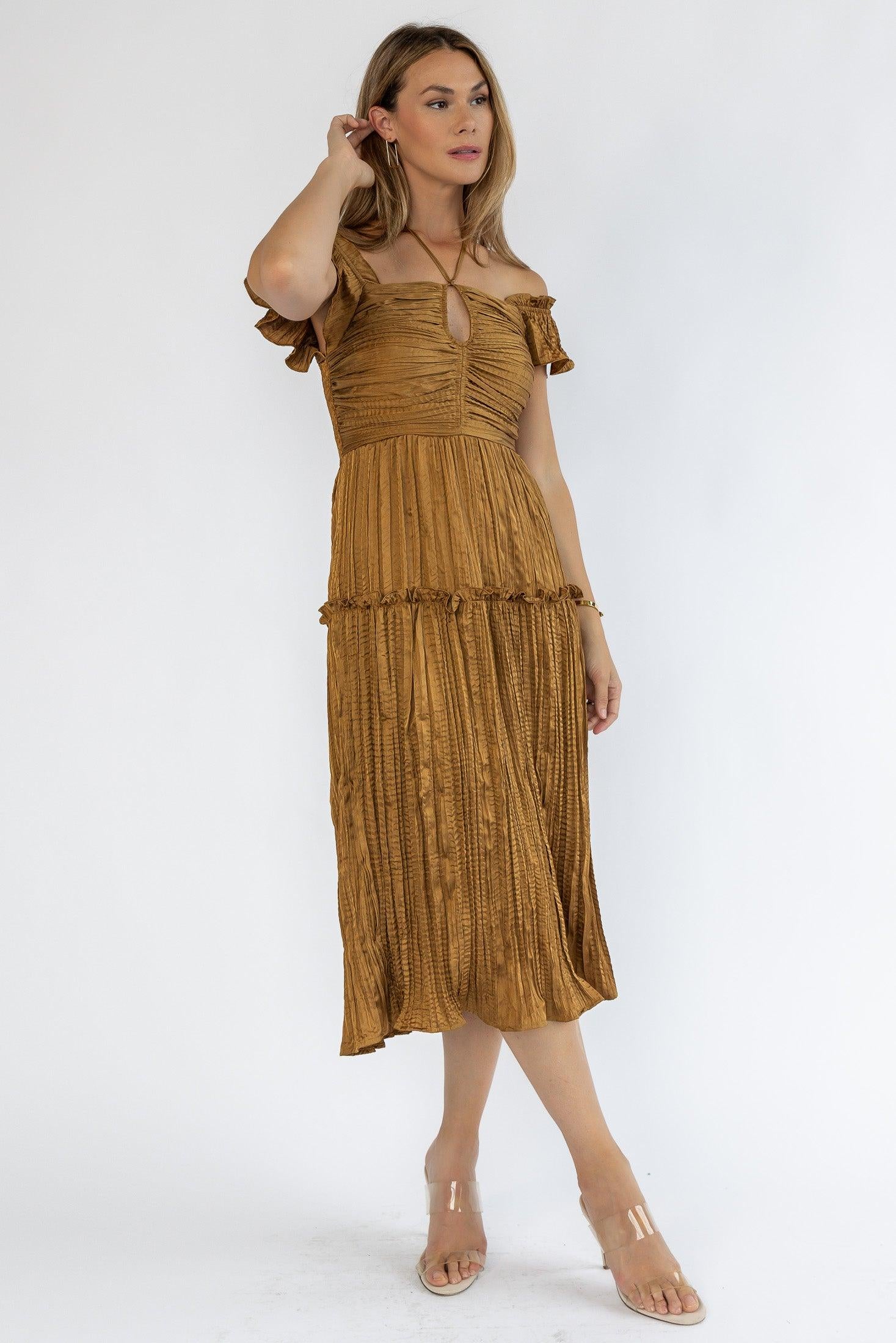 Ruche Me Right Golden Midi Dress