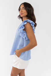 Ruffle Me Up Blue Top - Final Sale