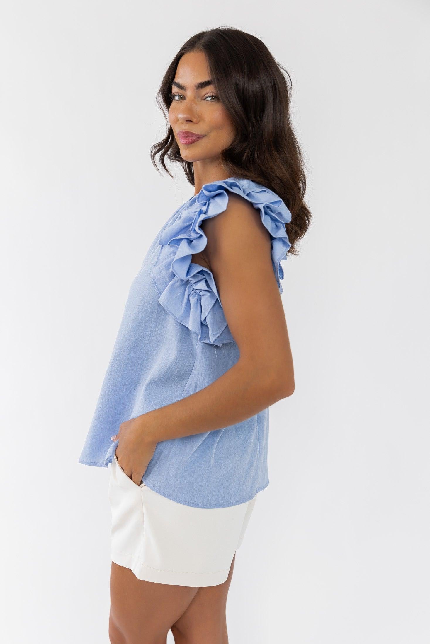 Ruffle Me Up Blue Top - Final Sale