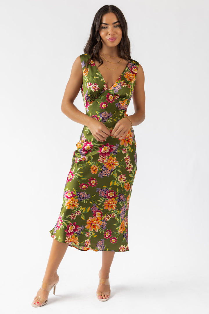 Sage Floral V-Neck Midi Dress