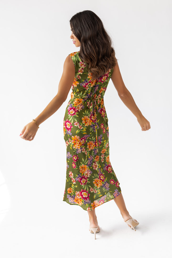 Sage Floral V-Neck Midi Dress