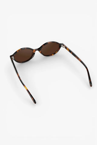 Sunglasses with tortoiseshell frame and brown lenses on a white background