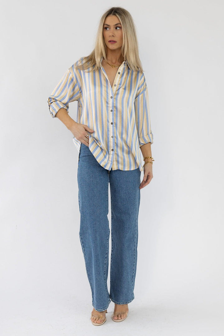 Seona Blue Stripe Satin Top - Final Sale