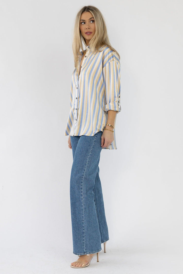 Seona Blue Stripe Satin Top - Final Sale