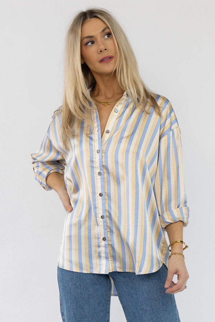 Seona Blue Stripe Satin Top - Final Sale