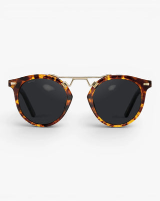 Sunglasses with tortoiseshell frame and dark lenses on a white background
