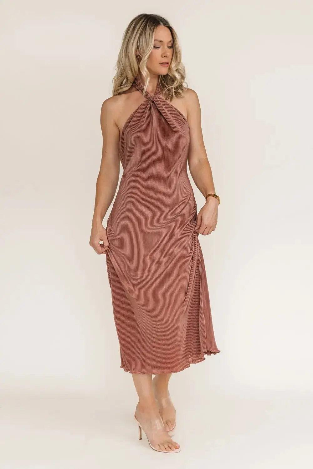 Sunset Secret Bronze Halter Midi Dress