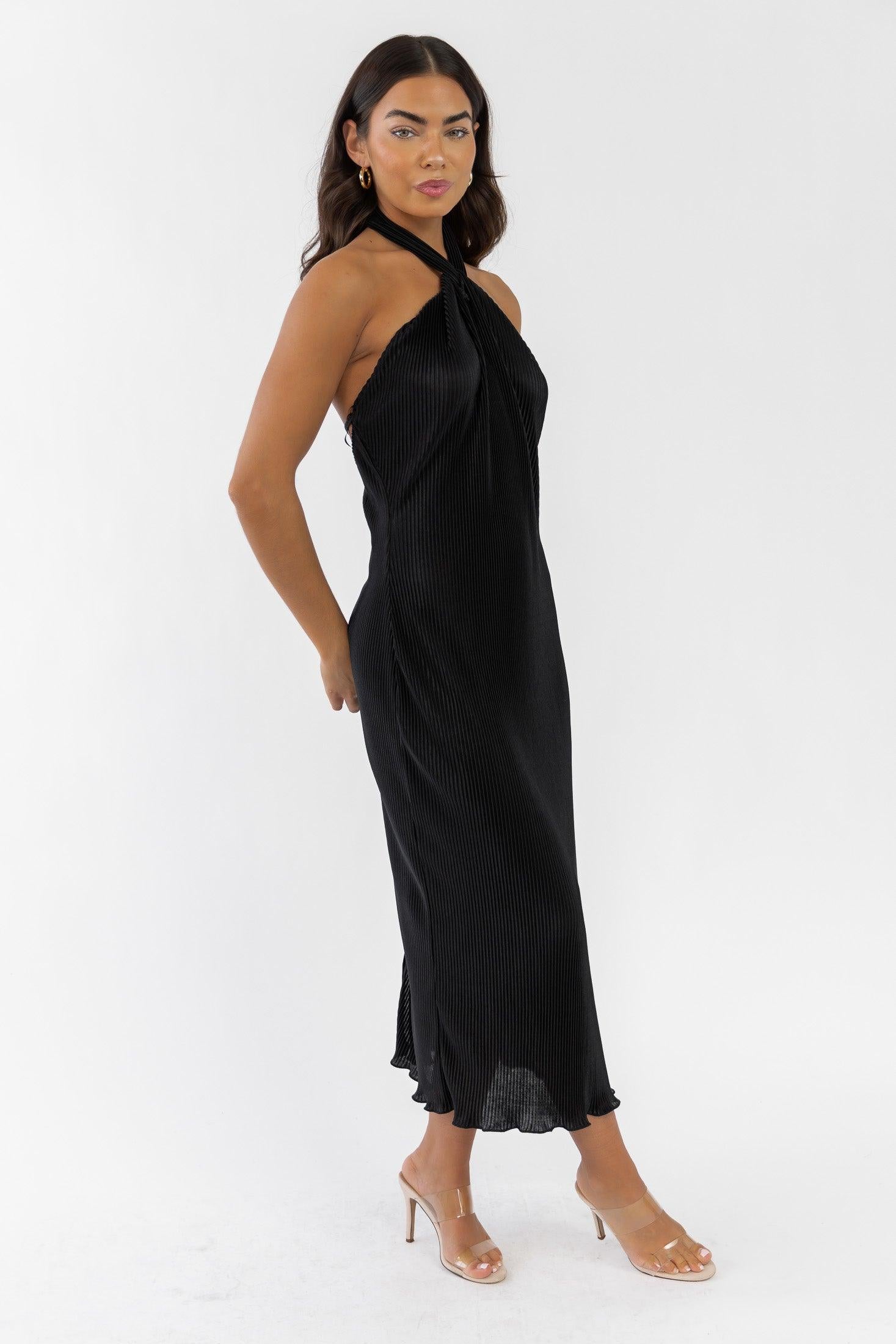 Sunset Secret Black Halter Midi Dress