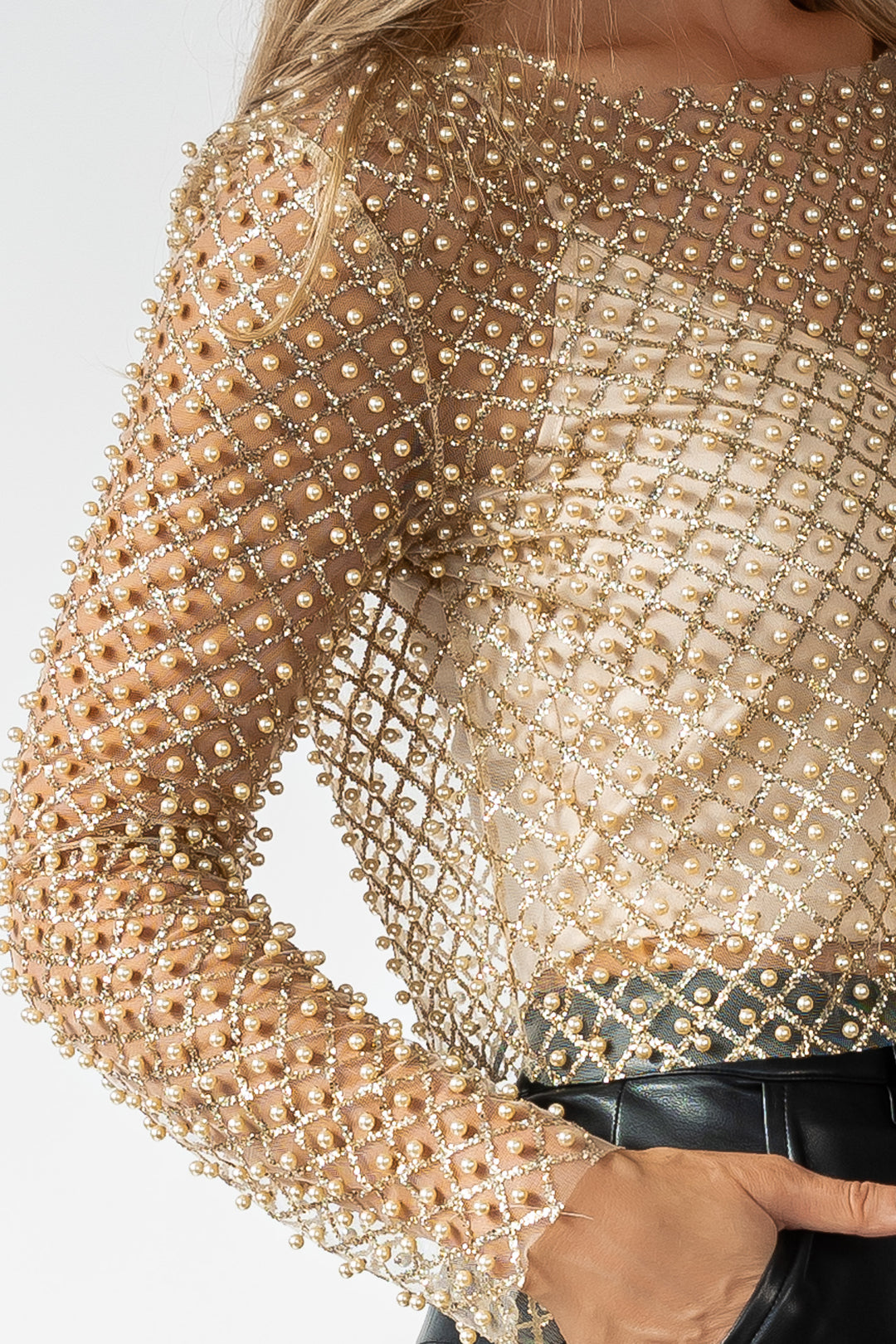 Tory Gold Pearl Embellished Mesh Top