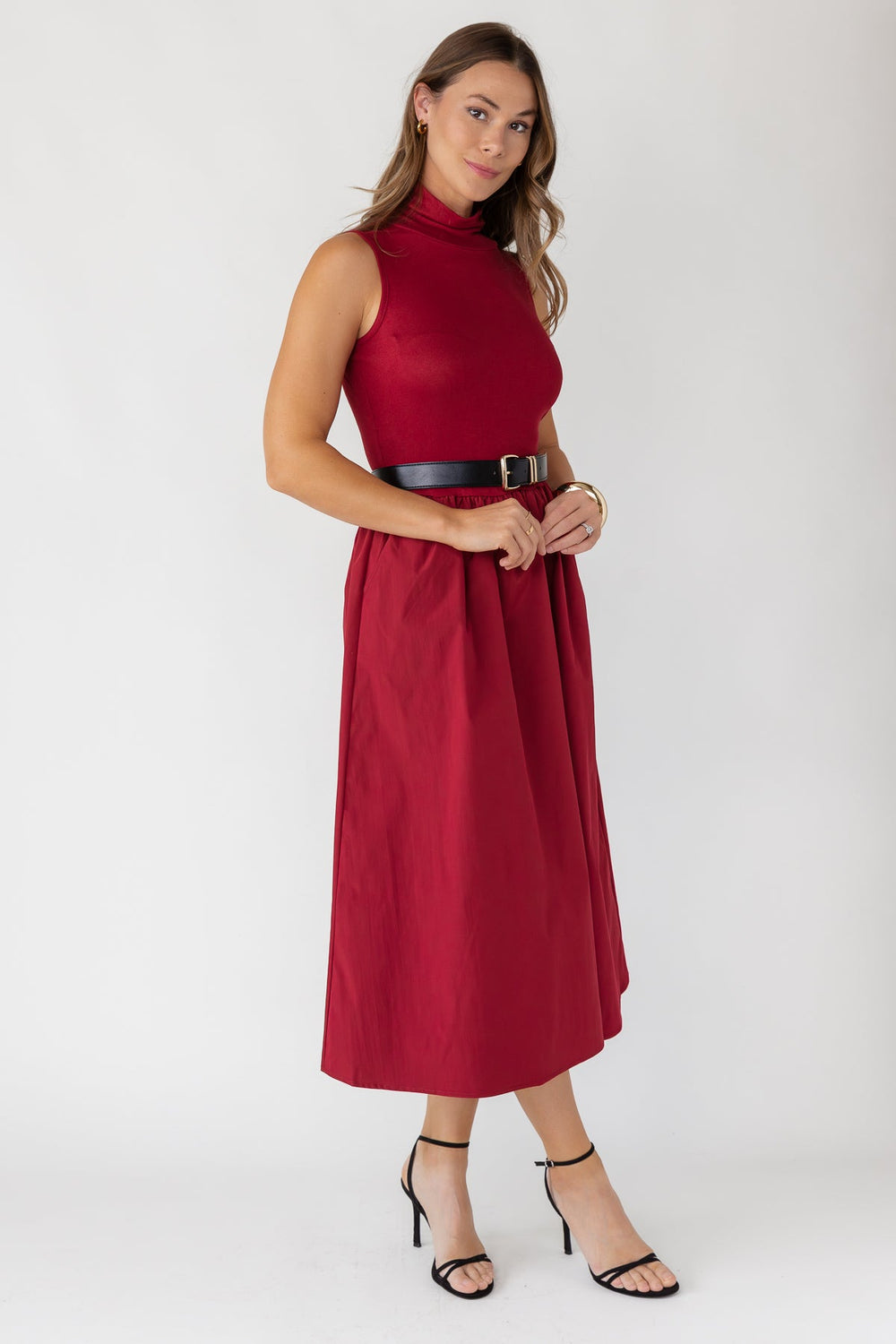 Arden Mock Neck Midi Dress - Burgundy - JO+CO
