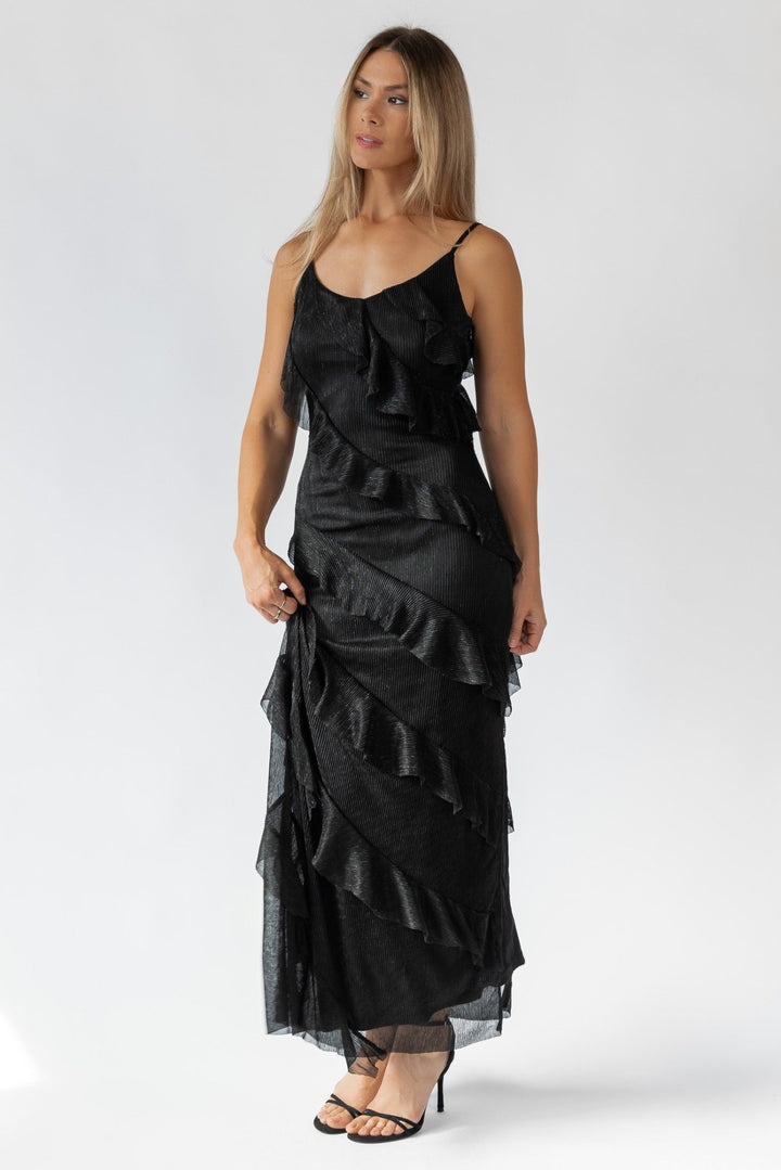 Caelyn Black Metallic Ruffle Maxi Dress - Final Sale - JO+CO