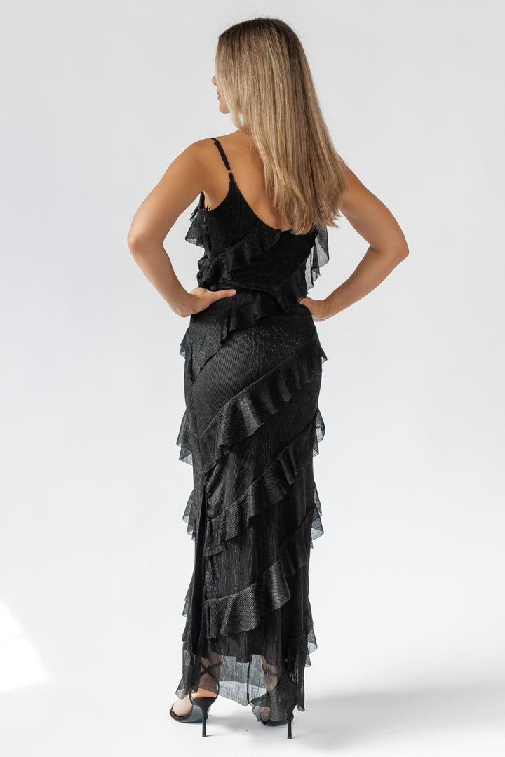Caelyn Black Metallic Ruffle Maxi Dress - Final Sale - JO+CO
