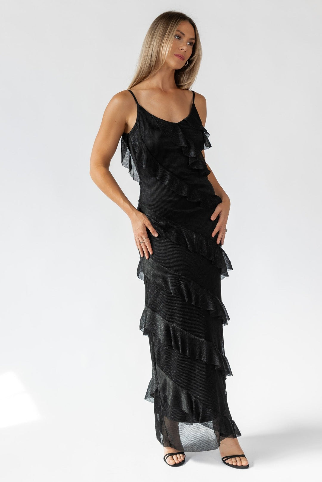 Caelyn Black Metallic Ruffle Maxi Dress - Final Sale - JO+CO