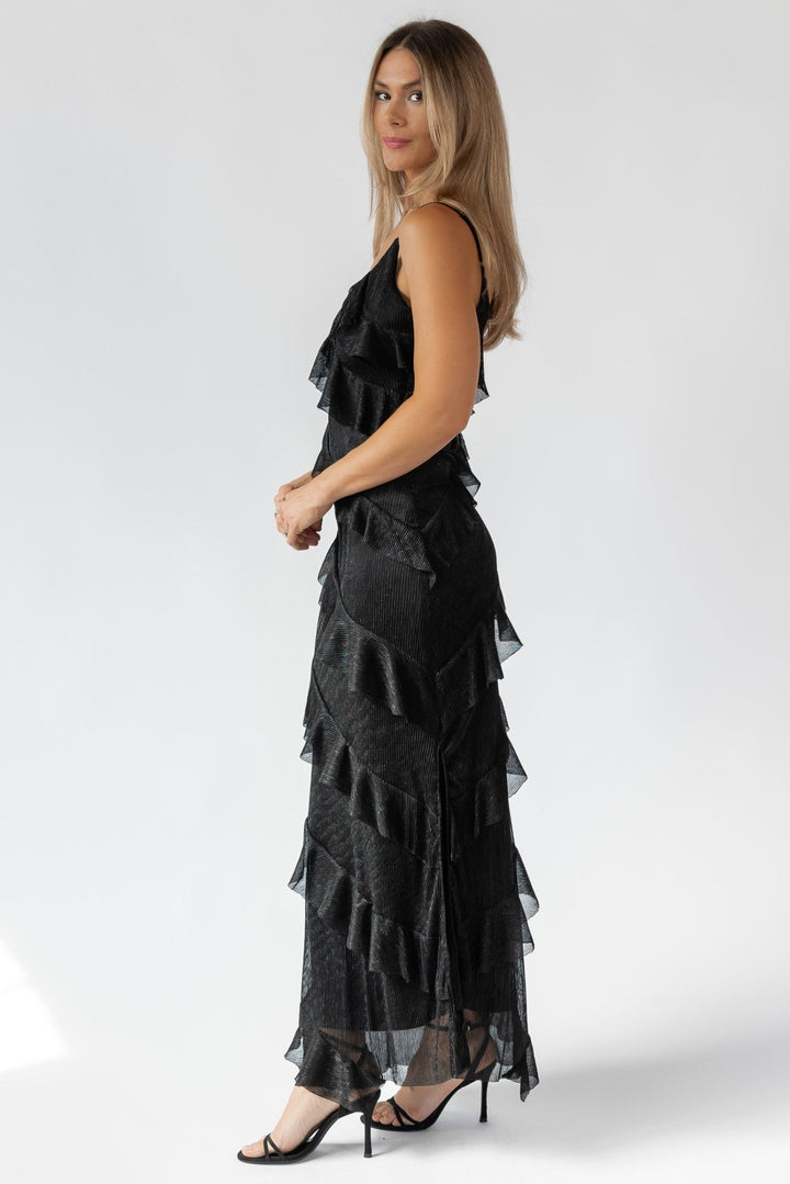 Caelyn Black Metallic Ruffle Maxi Dress - Final Sale - JO+CO