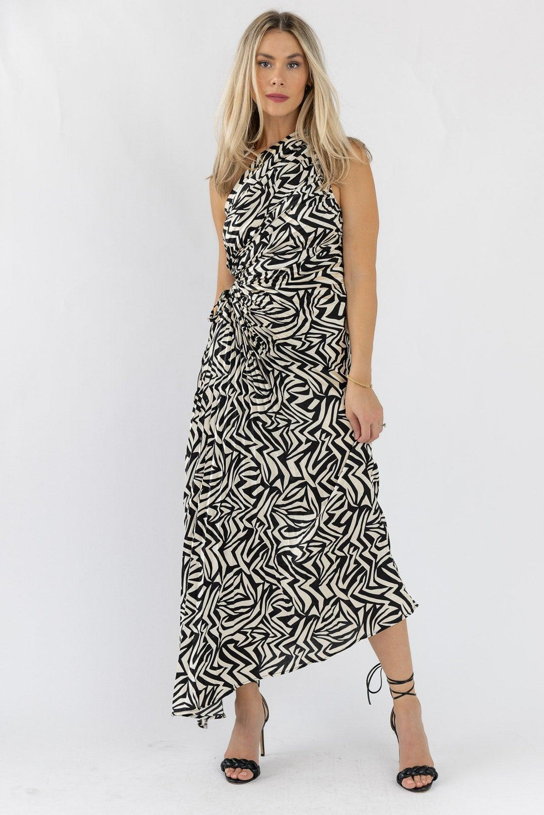 Cassia Asymmetrical Pleated Dress - Black/Ivory - JO+CO