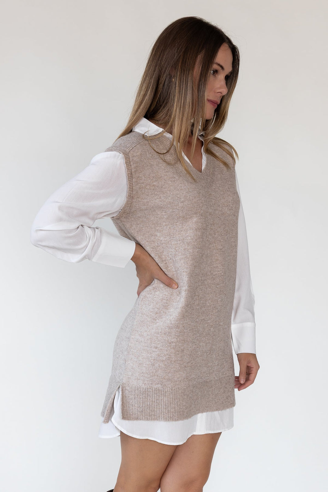 Christen Beige Mixed Media Shirt Dress - JO+CO