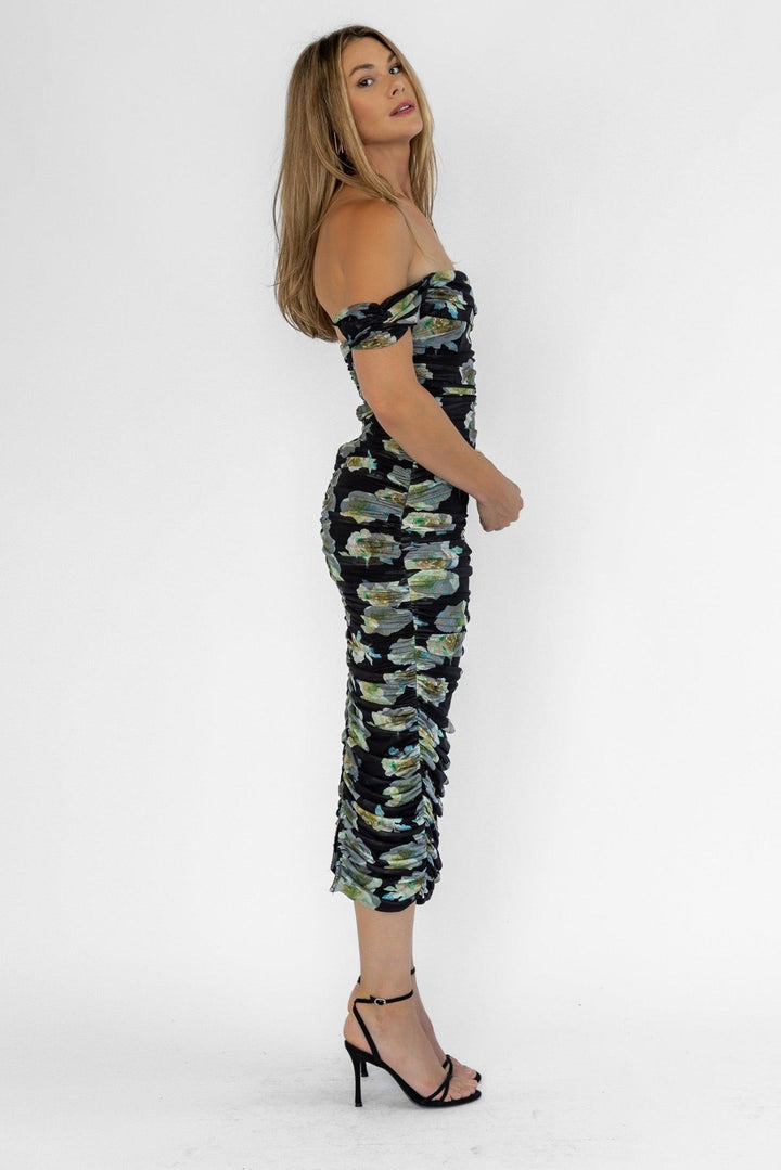 Elodie Black Floral Ruched Midi Dress - Final Sale - JO+CO