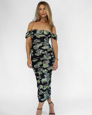 Elodie Black Floral Ruched Midi Dress - Final Sale - JO+CO