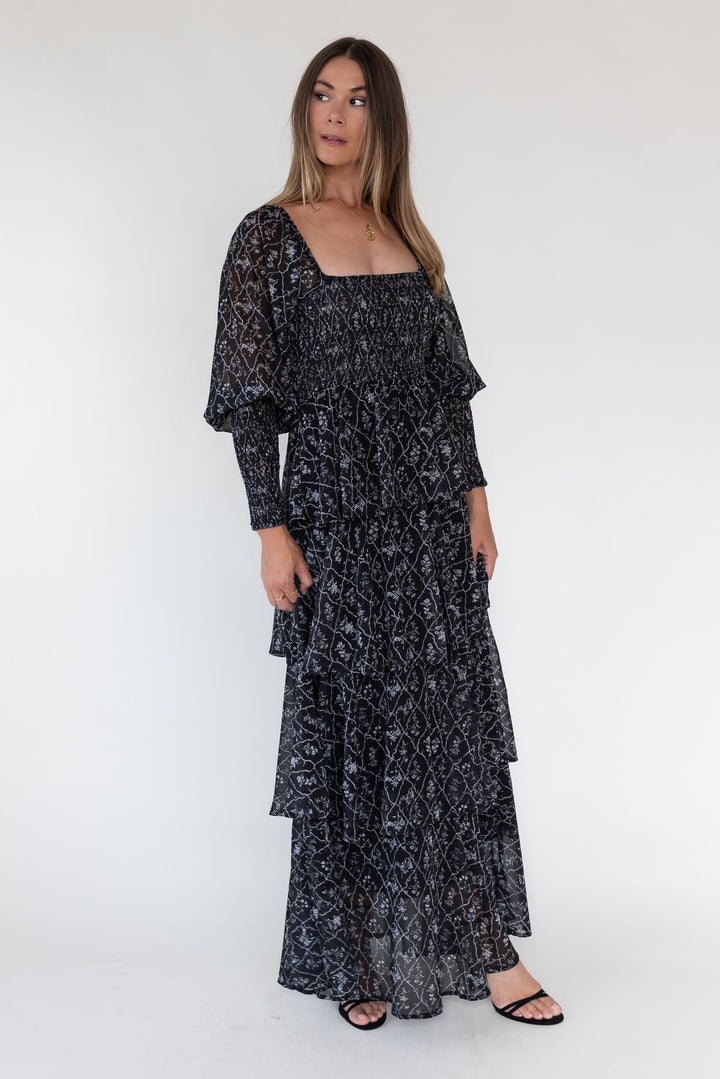 Florence Black Floral Tiered Maxi Dress - JO+CO