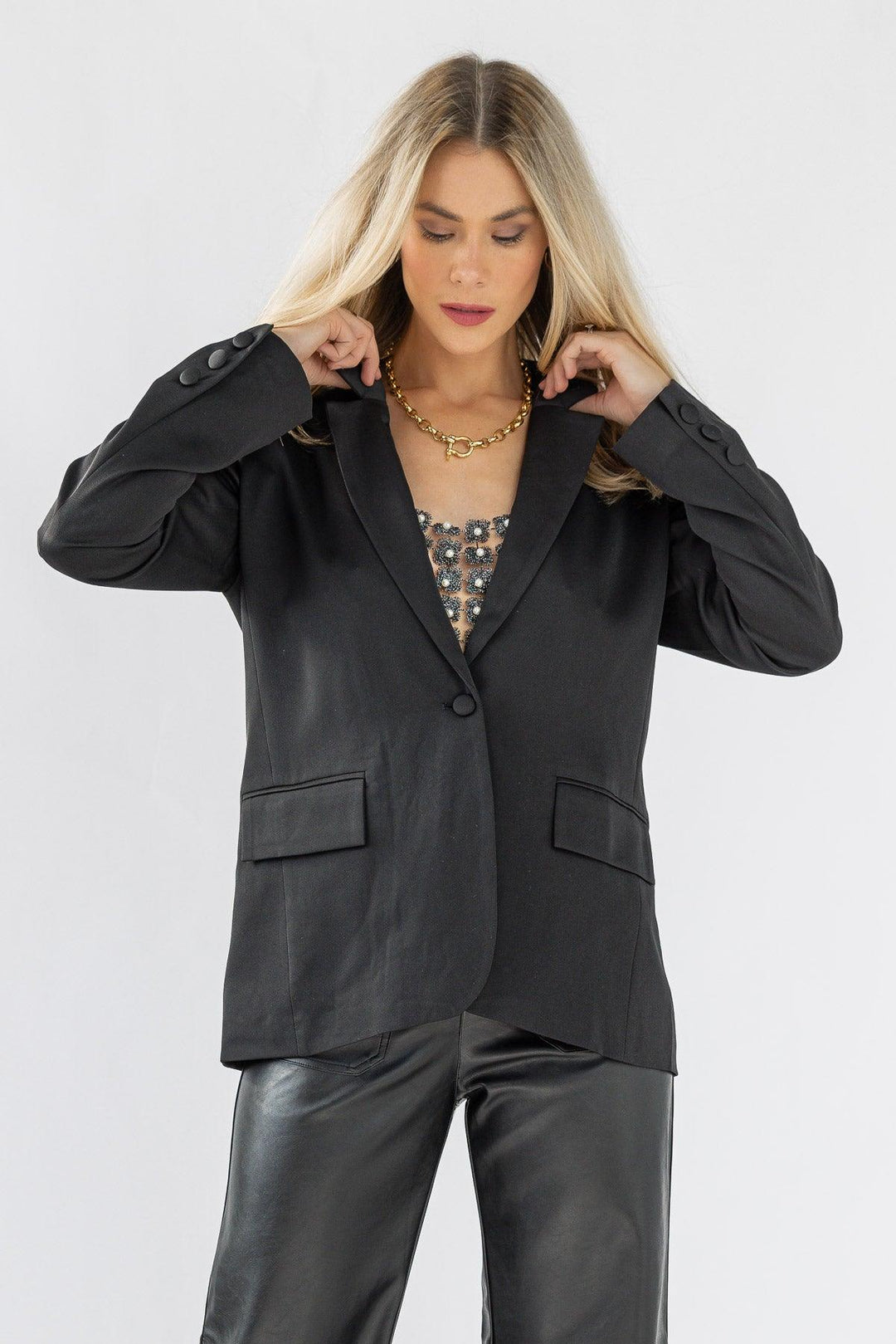 Glossy Nights Satin Blazer - Black - JO+CO