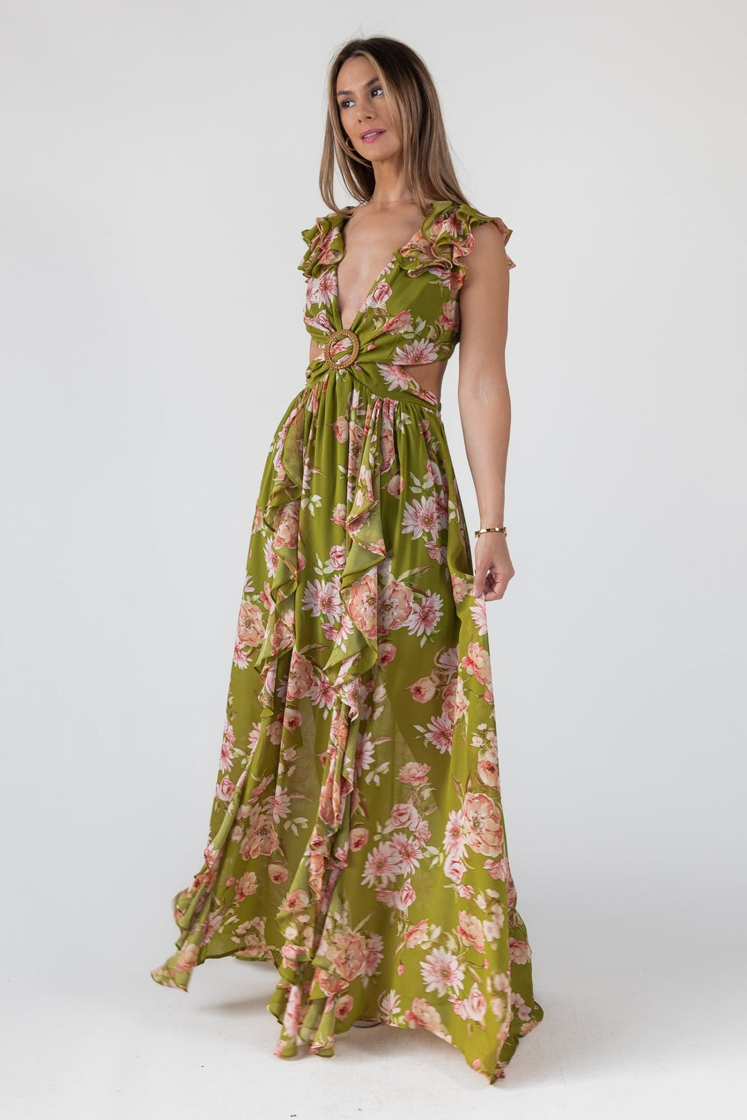 Green Floral Cutout Frilly Maxi Dress - Final Sale - JO+CO
