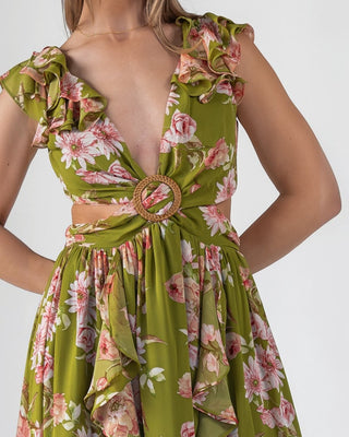 Green Floral Cutout Frilly Maxi Dress - Final Sale - JO+CO