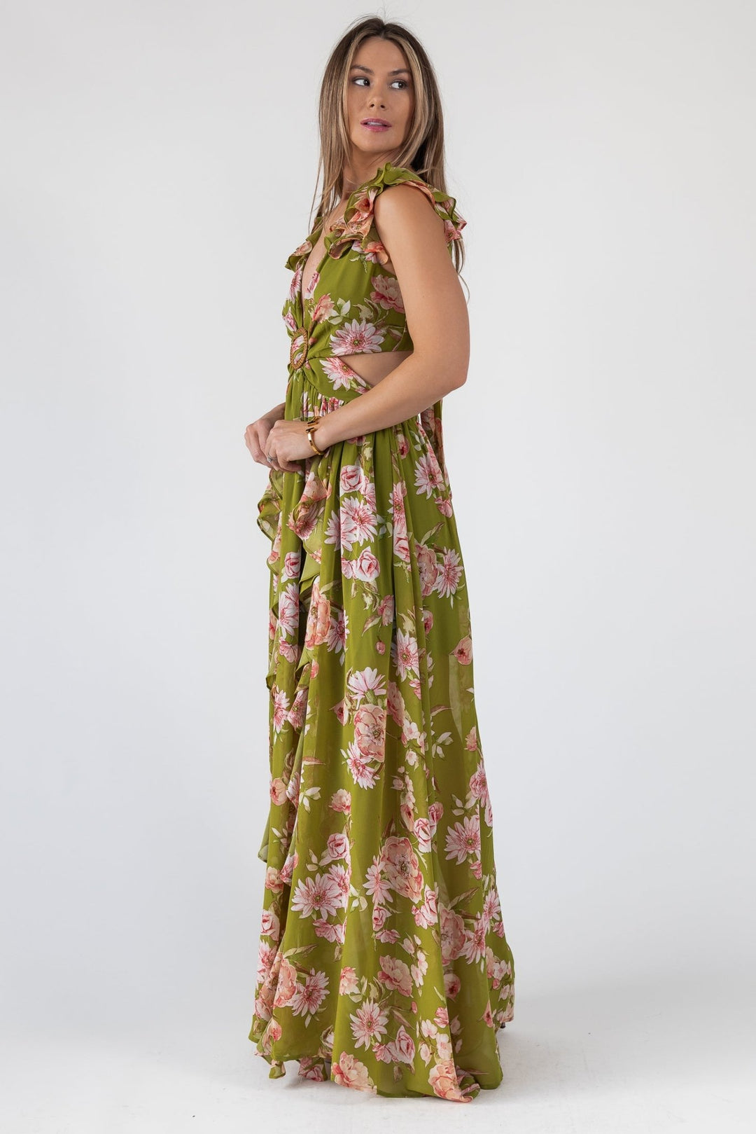 Green Floral Cutout Frilly Maxi Dress - Final Sale - JO+CO