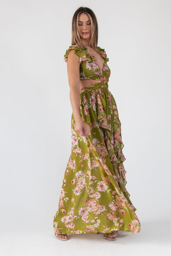 Green Floral Cutout Frilly Maxi Dress - Final Sale - JO+CO