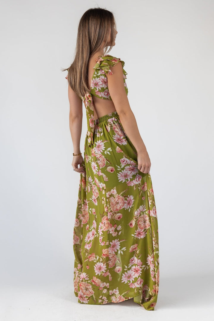 Green Floral Cutout Frilly Maxi Dress - Final Sale - JO+CO