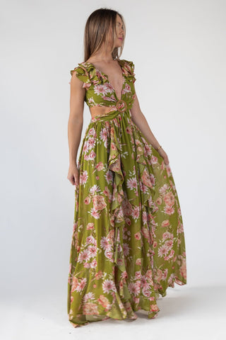 Green Floral Cutout Frilly Maxi Dress - Final Sale - JO+CO