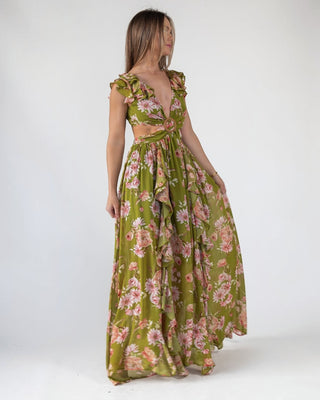 Green Floral Cutout Frilly Maxi Dress - Final Sale - JO+CO