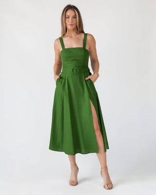 Green Linen Belted Midi Dress - Final Sale - JO+CO