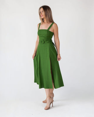 Green Linen Belted Midi Dress - Final Sale - JO+CO