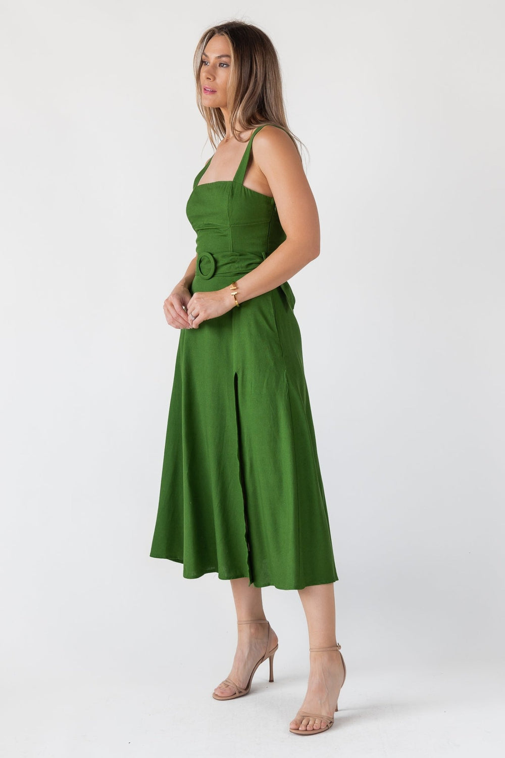 Green Linen Belted Midi Dress - Final Sale - JO+CO