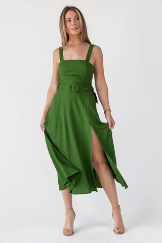 Green Linen Belted Midi Dress - Final Sale - JO+CO