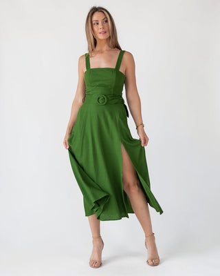 Green Linen Belted Midi Dress - Final Sale - JO+CO