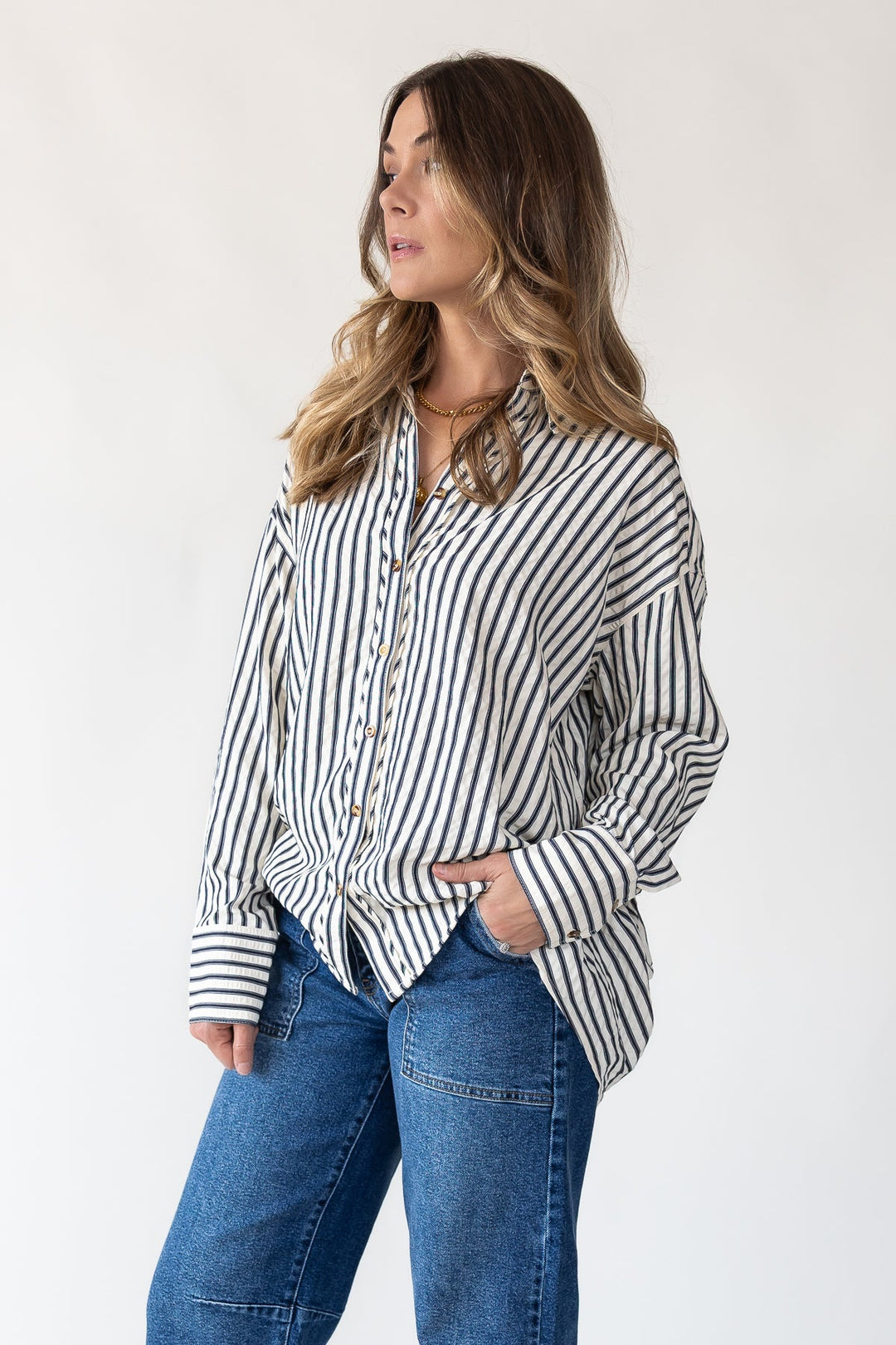 Harlow Navy Textured Stripe Top - JO+CO