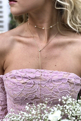 JO+CO delicate gold chain choker with tiny pearls and a lariat drop. 18k gold-filled.