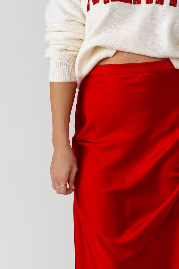 Livia Satin Midi Skirt - Red - JO+CO
