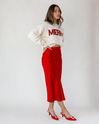 Livia Satin Midi Skirt - Red - JO+CO