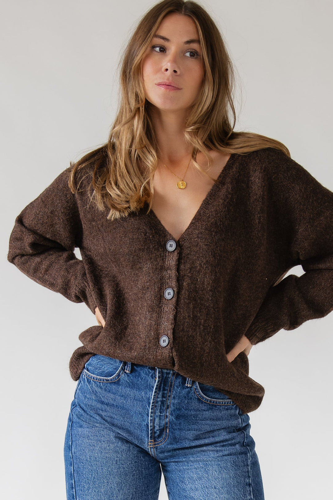 Lora Button Cardigan - Brown - JO+CO
