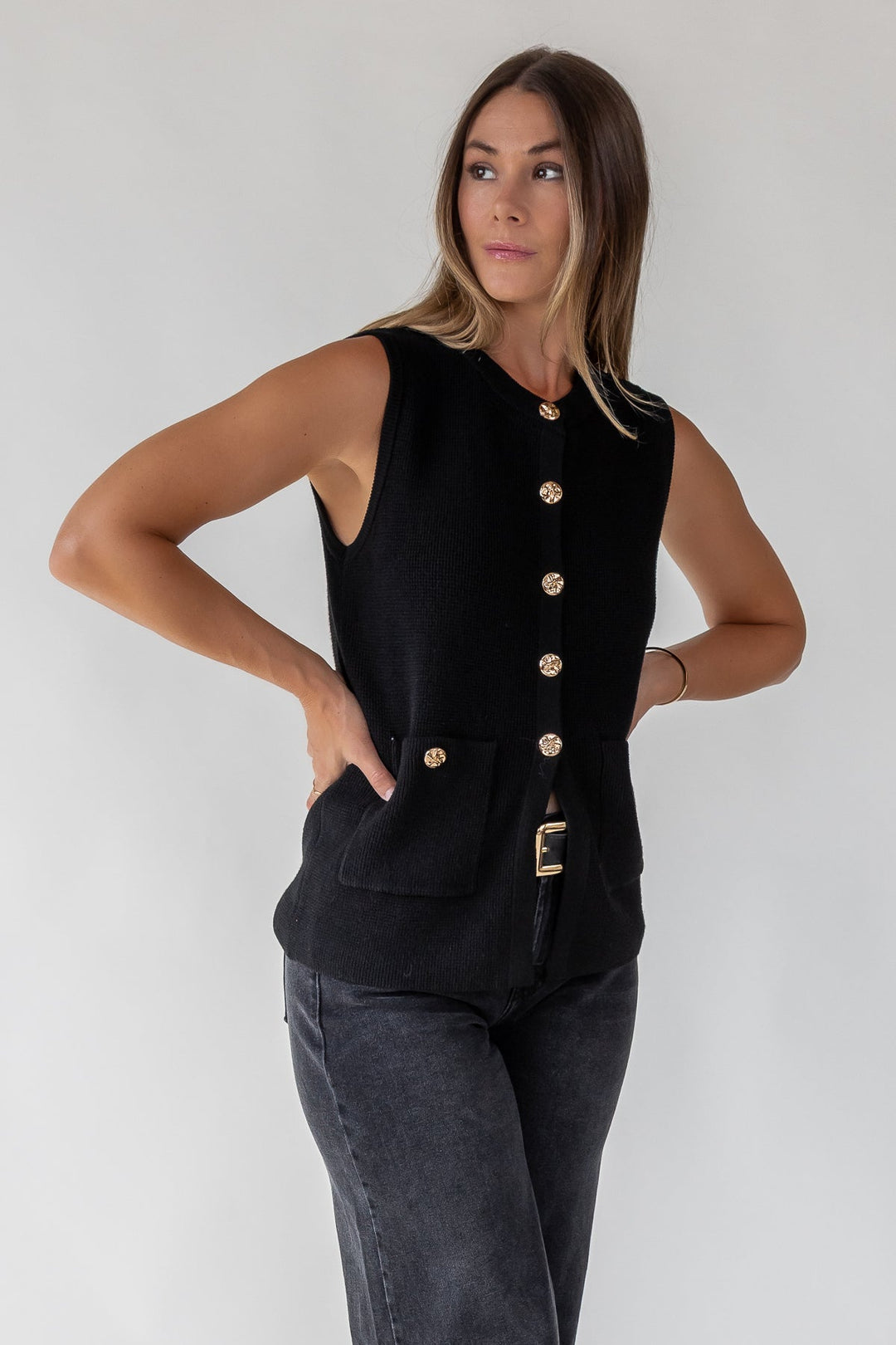 Margot Black Knit Button Vest - Final Sale - JO+CO