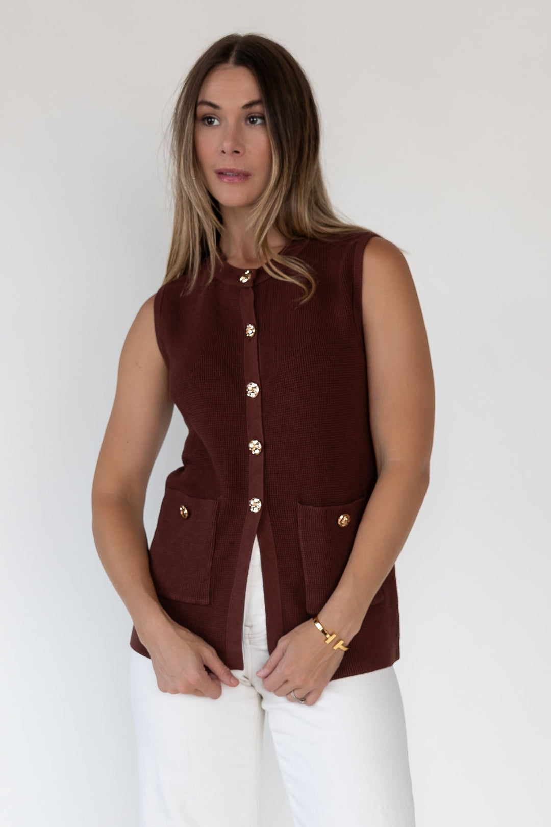 Margot Brown Knit Button Vest - Final Sale - JO+CO