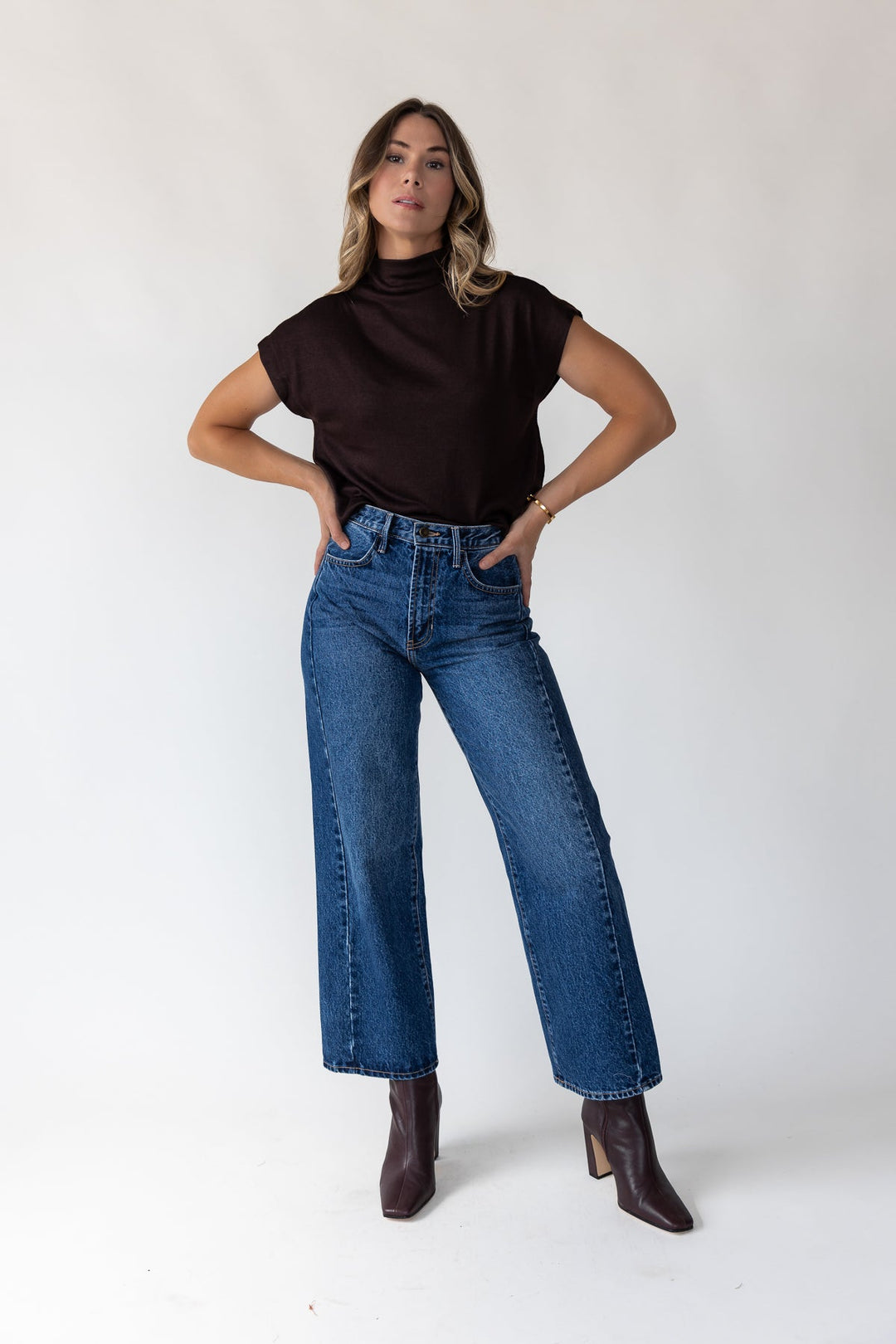 Melia Brown Knit Mock Neck Top - JO+CO