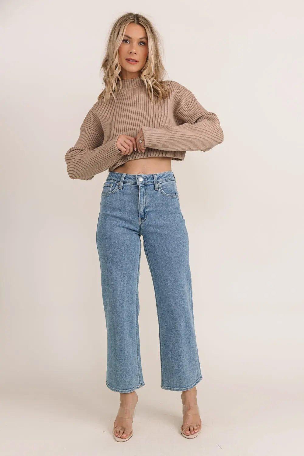 Phoenix Mocha Ribbed Crop Sweater - JO+CO