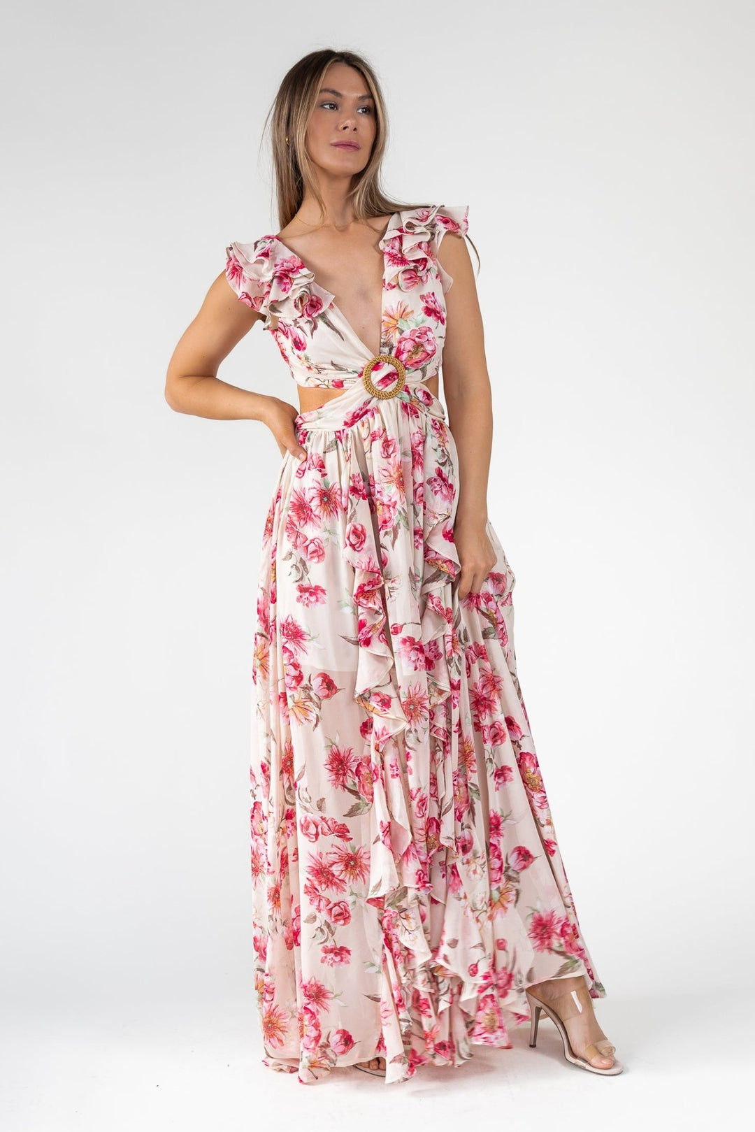 Pink Floral Cutout Frilly Maxi Dress - Final Sale - JO+CO