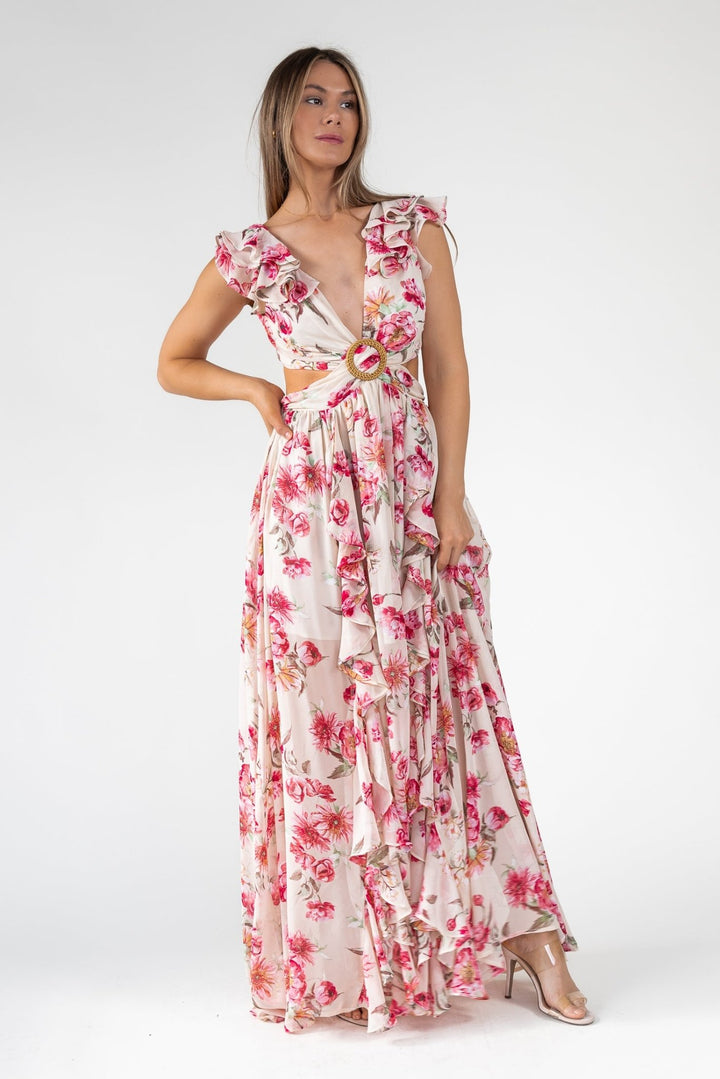 Pink Floral Cutout Frilly Maxi Dress - Final Sale - JO+CO